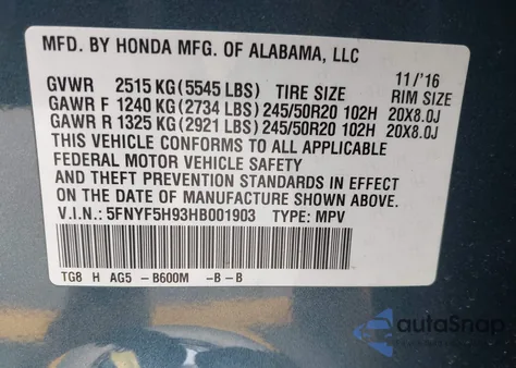 2017 Honda Pilot Touring z USA, uszkodzony, nr VIN 5FNYF5H93HB001903